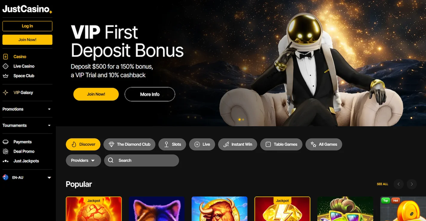 JustCasino frontpage showing deposit bonus offer, popular online pokies and site navigation
