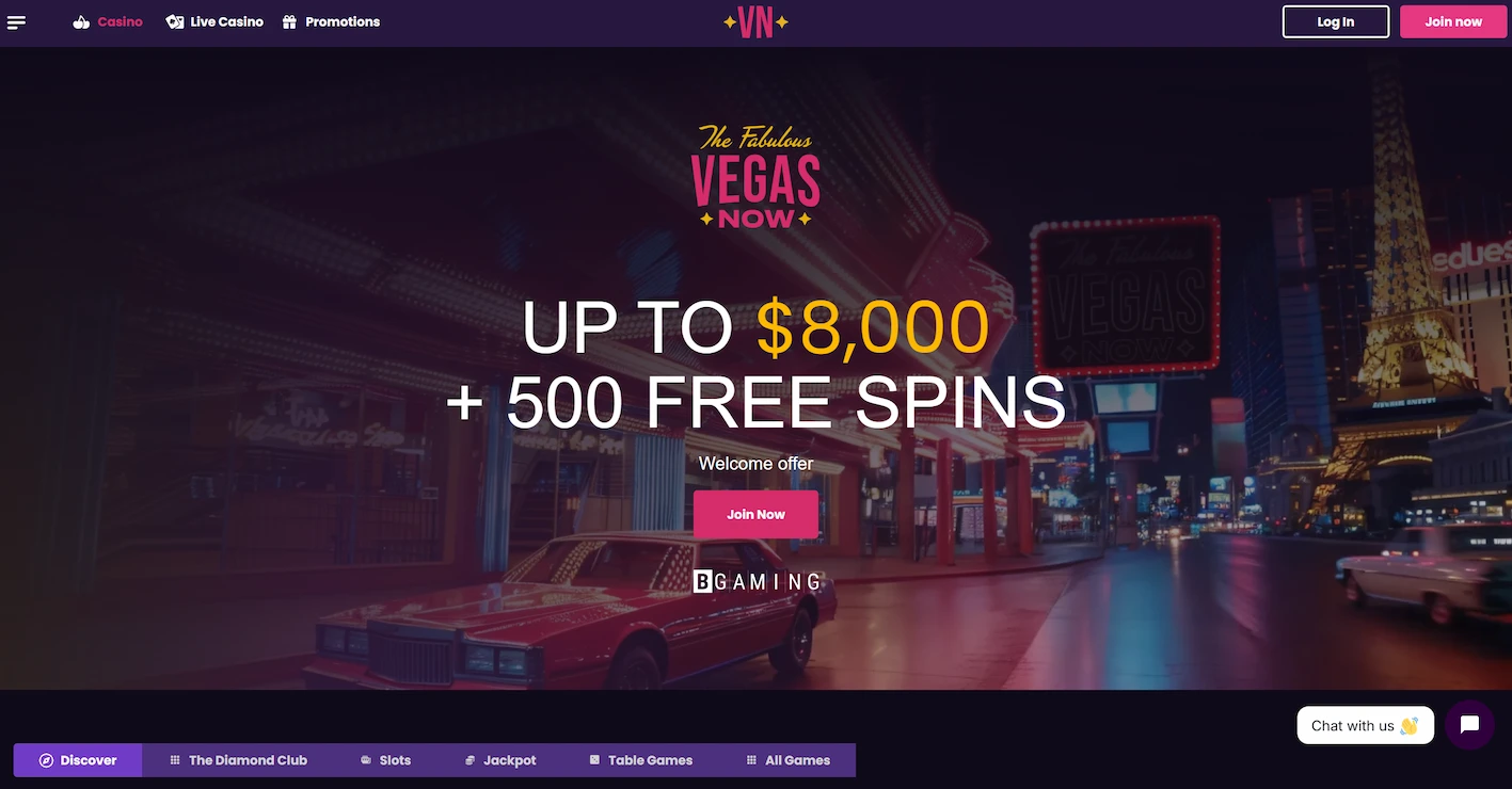 VegasNow casino frontpage showing welcome offer and site navigation