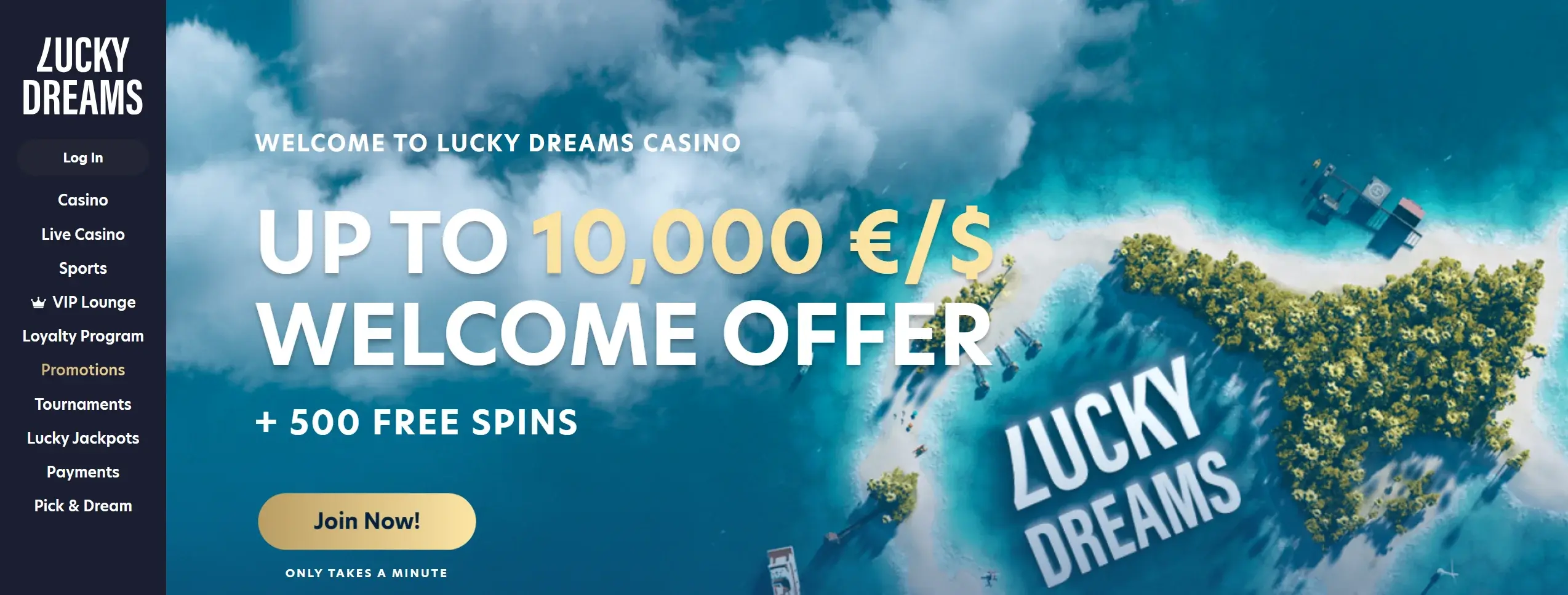 Lucky Dreams casino frontpage showing welcome offer and site navigation
